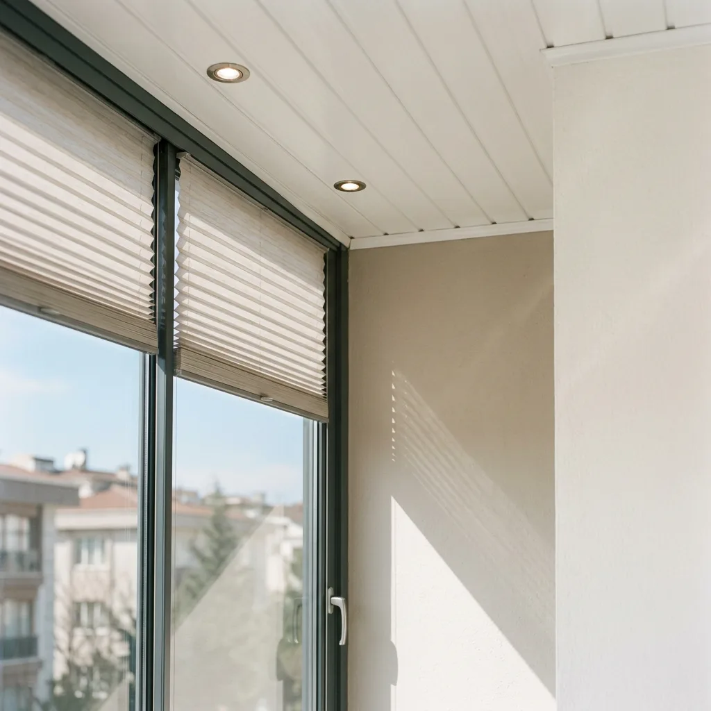 Beyaz PVC balkon tavanı ve yarı inik jaluzi perdenin ayrıntılı görünümü.