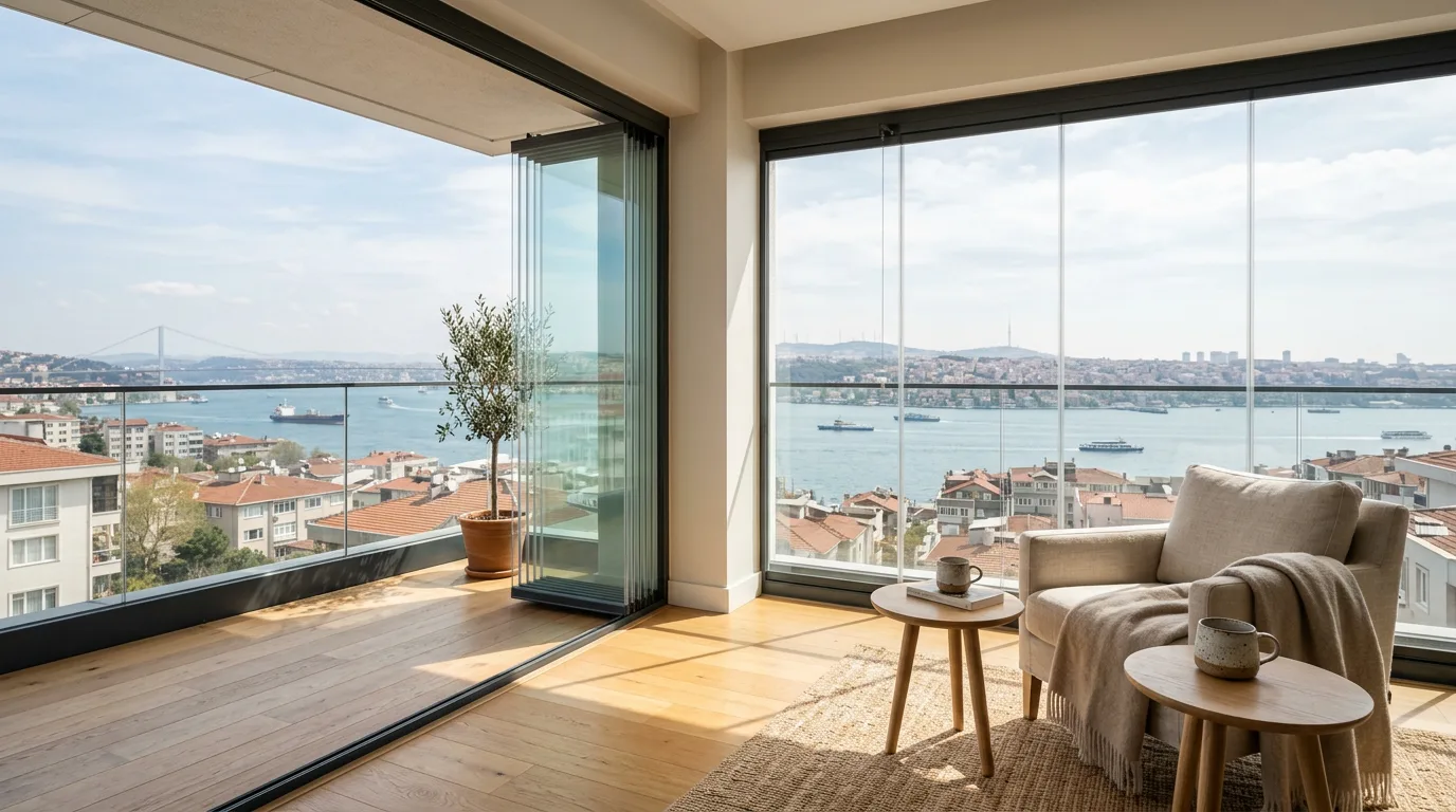 İstanbul manzarasına bakan, katlanır cam balkonla çevrelenmiş aydınlık ve modern bir balkon.