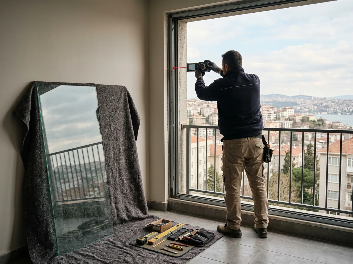 Usta, balkon açıklığında lazer metreyle ölçü alırken, yanında montaja hazır cam paneller duruyor.