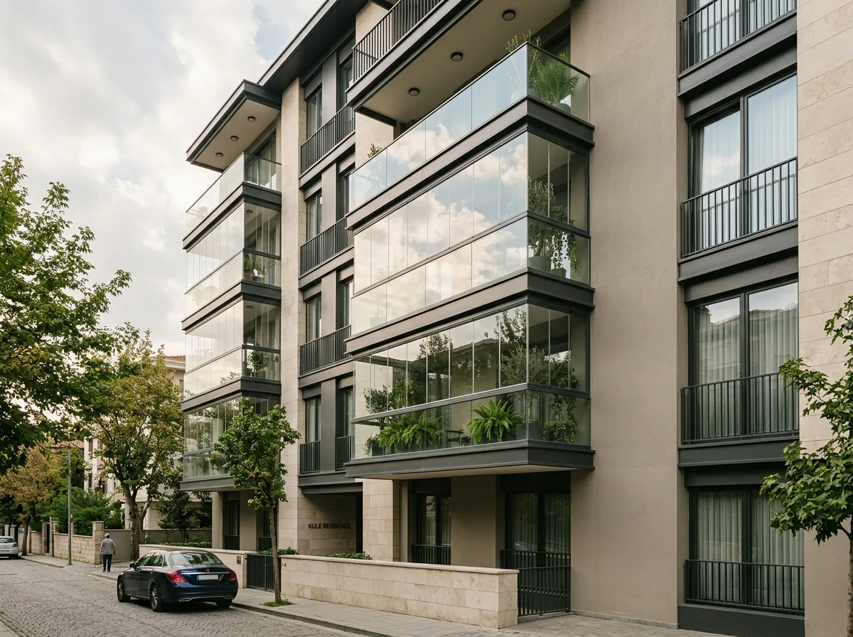 Modern bir apartman cephesinde cam balkon sistemleriyle kapatılmış balkonlar.